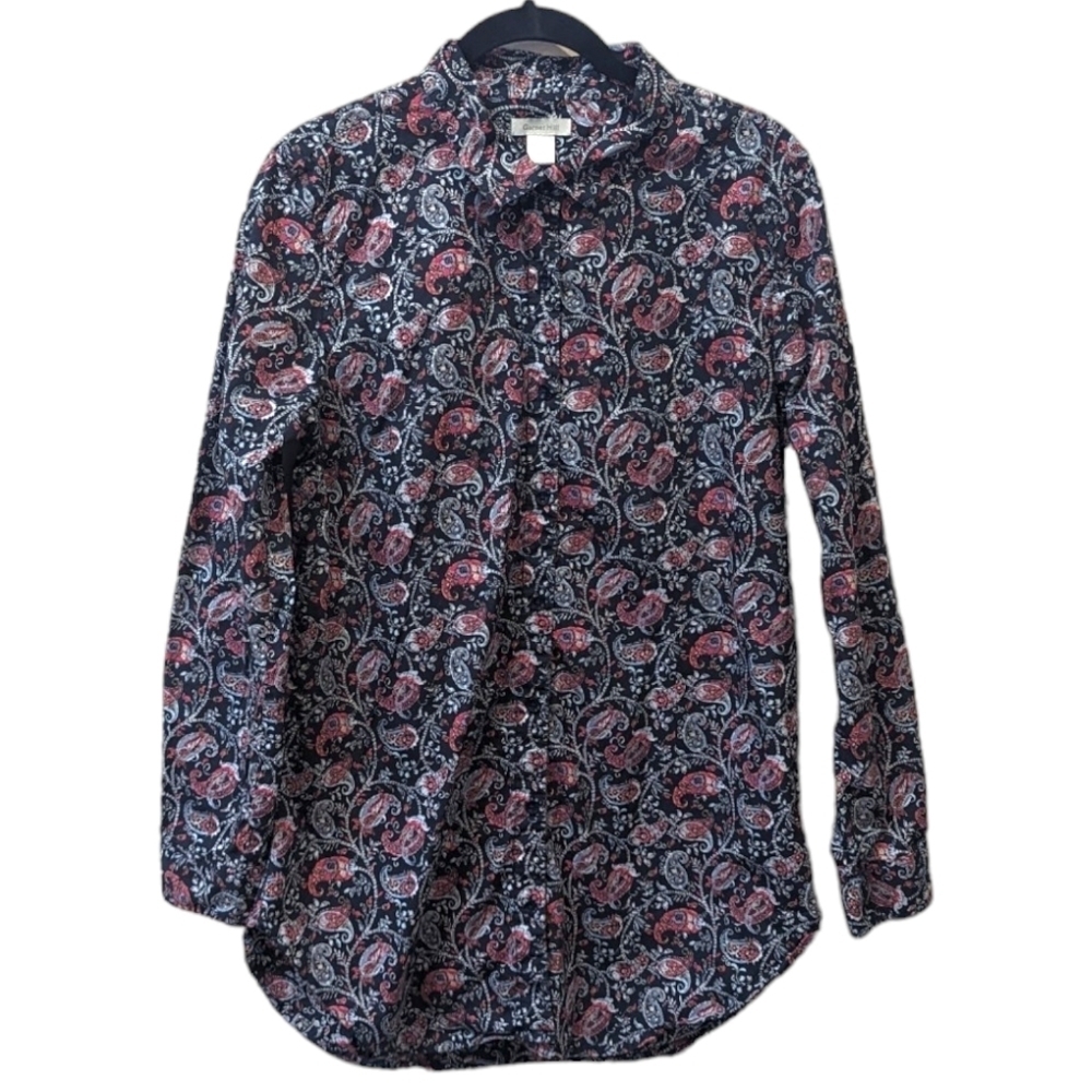 Garnet Hill Red and Navy Paisley Women's Button Up Office Workwear Shirt (10)